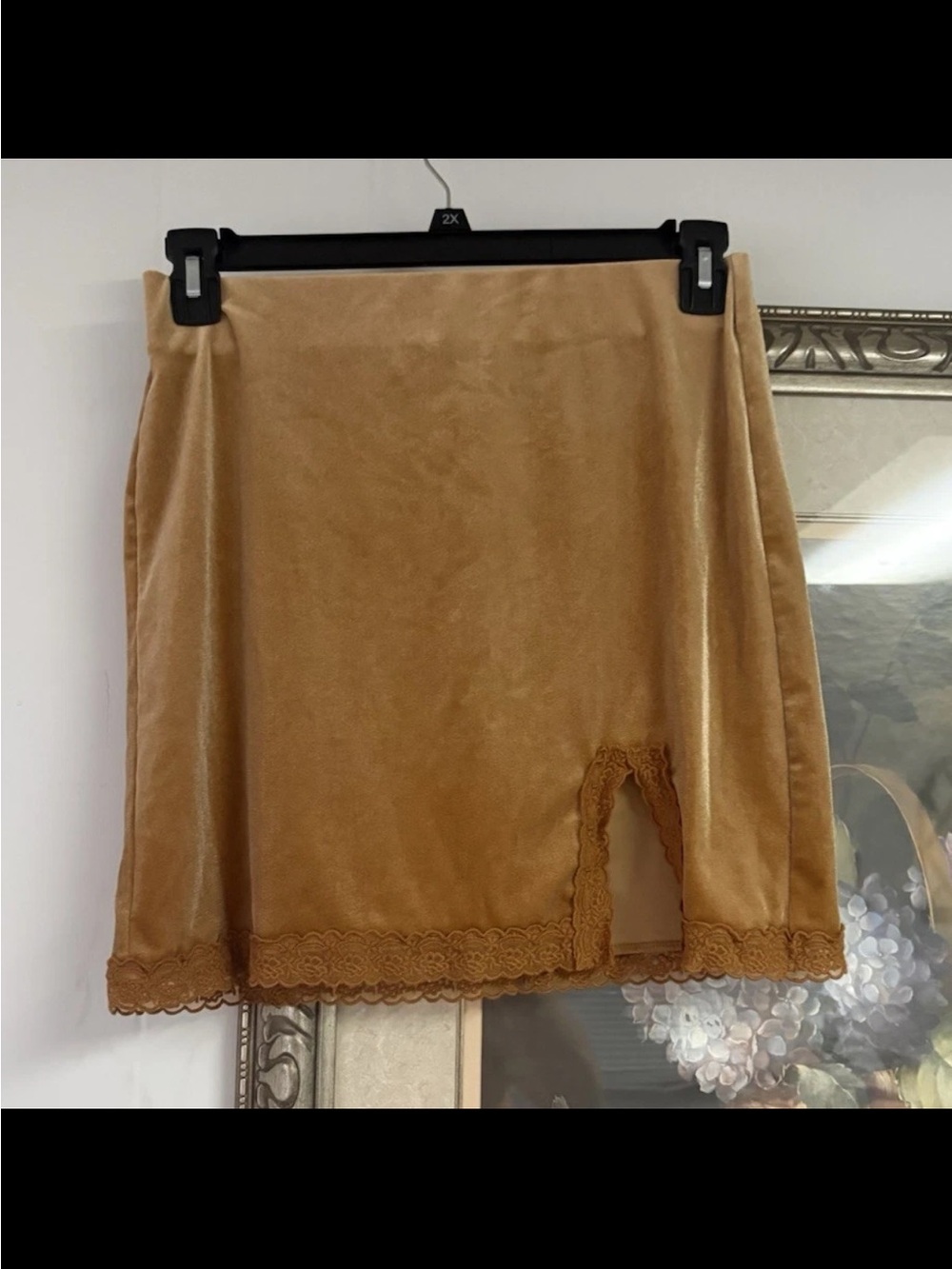Forever 21 Tan Velvet Mini Skirt with Lace Trim